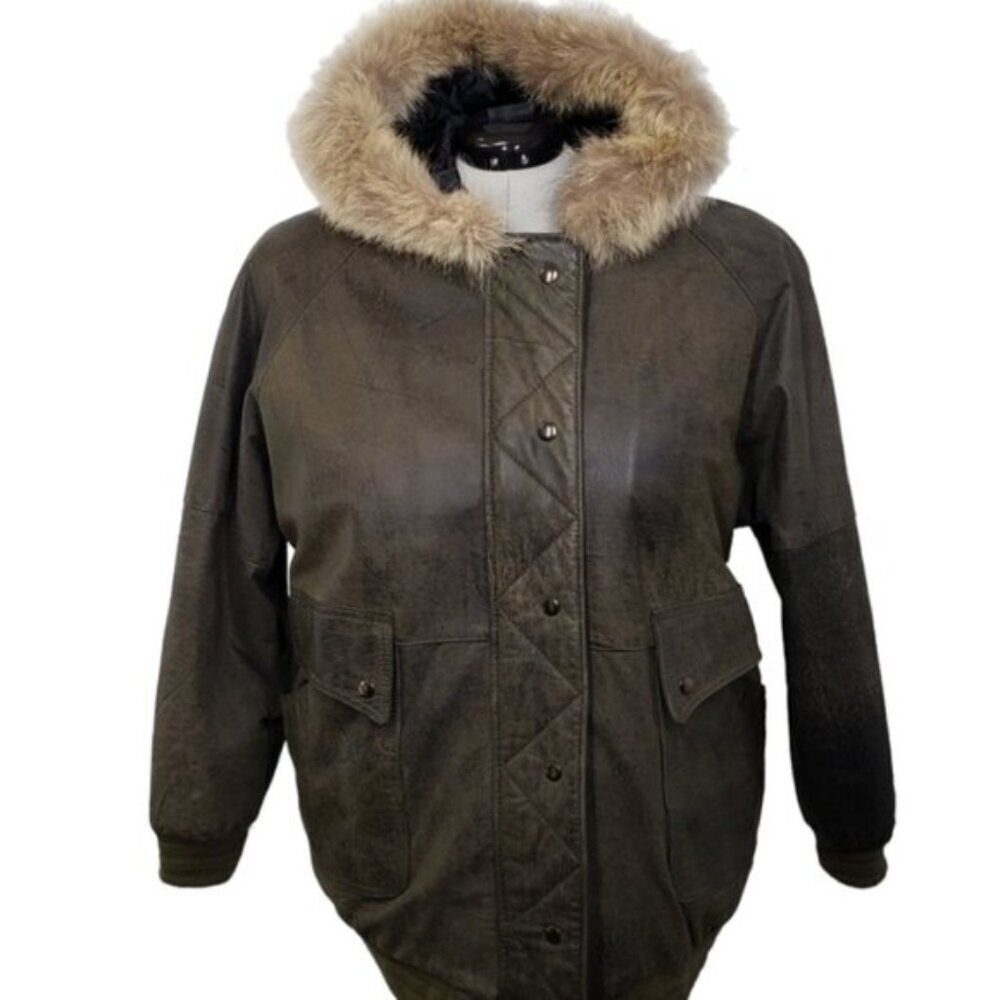 Vintage The Olde Hide House Olive Green  Leather Coat Unisex